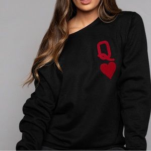 John Steward Black Red Queen of Hearts off shoulder sweatshirt One Size NWOT